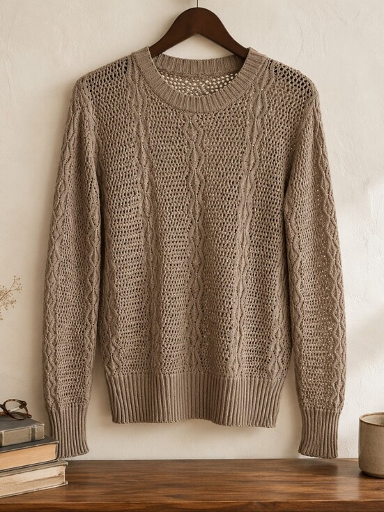 jimmy williams Sweaters - Stitches Taupe Open-Knit Crewneck Sweater